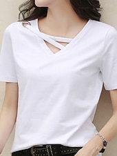 tanie gładka koszulka-Damskie Podkoszulek Koszulka Przekrój krzyżowy z otworem Równina Moda Elegancki Klasyczny Krótki rękaw W serek Zwykłe topy Codzienny Wyjściowe Weekend Czarny Biały Żółty Rumiany róż Zielony Lato