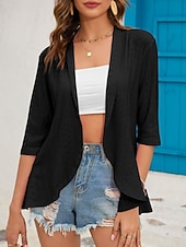 זול ז'קטים מזדמנים-בגדי ריקוד נשים ז'קט קז'ואל נוח נושם לגזור יום יומי אחיד חופשה רחוב לבוש יומיומי ליציאה חזית פתוחה רגיל ללא צווארון רגיל שרוול 4\3 הלבשה עליונה שחור לבן ורוד מסמיק אביב סתיו