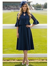  Zweiteiliger A-Linien Kleid-Sets Tee-Längen Hochzeitsgastkleid Brautmutterkleid 3/4-Ärmel V-Ausschnitt Hoher Hals Elegant Vintage formal mit einfarbig