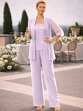abordables Trajes de pantalón de mamá-Conjunto de pantalón vestido largo madre de la novia Manga larga Escote joya Elegante Simple invitada de boda con color sólido