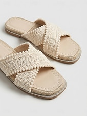 economico Infradito scivolosi-Sandali da donna stile boho color crema all'uncinetto - comode espadrillas intrecciate con cinturini incrociati &amp;Dettaglio con pon-pon per vacanze al mare e resort estivi &amp;viaggi sull'isola