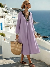 preiswerte Einfaches Kleid-Damen Midikleid Strandkleid Freizeitkleid Schwingkleid Kleid aus Leinenimitat Elegant Mode Modern Outdoor Urlaub Ausgehen Lässiger Schnitt Farbblock Langarm V Ausschnitt Blau Purpur Sommer Frühling