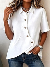 economico Camicie Finte Essenziali-Per donna Blusa Finto cotone e lino Bottoni Tinta unica Essenziale Casual Manica Corta Colletto a Camicia Top Regolari Quotidiano Blu Bianco Albicocca Estate Primavera