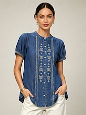 abordables Blusas Elegantes-Camisa de manga corta con cuello mao bordado para mujer