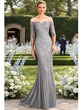 tanie Suknie wieczorowe syrenki-Syrena Tren sweep Suknia Suknia wieczorowa Sukienka dla matki panny młodej Rękaw 1/2 Łódeczka Elegancja Formalny Gość weselny Koronka Tiul z Haft nakładany