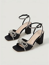 economico Sandali con tacco-Sandali da donna neri con tacco a blocco e strass, eleganti scarpe da sera con cinturino alla caviglia e tacco grosso per cocktail party e balli di fine anno. &amp;eventi serali