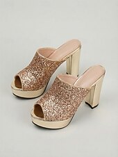 voordelige Platform Sandalen-Rode glitter platform muiltjes voor dames – stevige instapsandalen met blokhak voor de nachtclub of een feestje. &amp;een glamoureuze avond uit