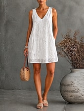 Χαμηλού Κόστους Απλό Φόρεμα-Γυναικεία Φόρεμα μέχρι το γόνατο Φόρεμα Λευκό φόρεμα Μοντέρνα ΕΞΩΤΕΡΙΚΟΥ ΧΩΡΟΥ Σαββατοκύριακο Κανονικό Σκέτο Αμάνικο Λαιμόκοψη V Λευκό Καλοκαίρι Άνοιξη