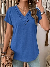 baratos Camiseta lisa-Mulheres Tops de verão Franzido Botões à moda Clássico Manga Curta Decote V Tops regulares Casual Diário Roupas de férias Preto Branco Rosa Vermelho Azul Real Verão Primavera