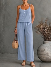 cheap Sets-Women's 100%cotton Tank Top Pants Sets Button Front Sleeveless Fashion Daily Date Going out Blue White Gray Summer Loose Fit
