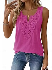 cheap Lace Tops-Women's Blouse Patchwork Plain Vintage Stylish Sleeveless V Neck Regular Tops Daily Outdoor Holiday Black White Navy Blue Apricot Rose Pink Summer Spring