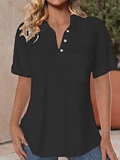 preiswerte Hemden-Damen Hemd Baumwoll-Leinen-Hemden Bluse Tasche Knöpfe Einfarbig Stilvoll Klassisch Modern Kurzarm V Ausschnitt Normale Oberteile Täglich Ferien Ausgehen Schwarz Weiß Aprikose Leicht Blau Sommer