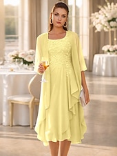 economico Set di abiti per la mamma-Due Pezzi Linea ad A Lunghezza al ginocchio Abito da invitata a nozze Abito da cerimonia per signora Senza Maniche Scollo Tondo Elegante Ospite di nozze Ricevimento di matrimonio Chiffon Pizzo Abiti