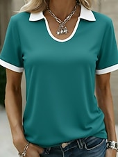 baratos Camiseta lisa-Mulheres Blusa Patchwork Bloco de cor Vintage à moda Manga Curta Colarinho polo Tops regulares Diário Feriado Para Noite Preto Vermelho Azul Marinha Verde Escuro Verão Primavera