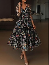  Linea ad A Lunghezza alla caviglia Abiti da Cocktail Elegante Vintage Floreale Mezza Manica Scollo a V Festa in giardino Matrimonio Raso Tulle con Fiore ricamato Pieghe Ricamo