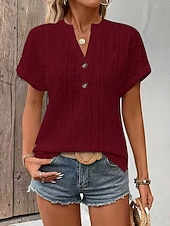 economico T-shirt semplice-Per donna Blusa Testurizzato Tinta unica Vintage Elegante Essenziale Manica Corta Scollo a V Top Regolari Quotidiano Blu Nero Bianco Rosa Rosso Estate Primavera