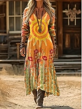  女性用 マキシドレス サンドレス 旅行度假风 カジュアル ボヘミアン 日常 ルーズフィット フラワー 長袖 Ｖネック ブルー ブラック イエロー ルビーレッド 夏 春