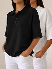 tanie Gładkie bluzki-Damskie Koszula waflowa Jednokolorowe Elegancja Aktywny Urlop Bez rękawów Rękaw 1/2 W serek Kołnierz polo Długie topy Codzienny Na zewnątrz Streetwear Niebieski / Czarny Biały + czarny Czerwony