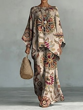 cheap Women's Blouse Suits-Women's Shirt Cotton Linen Sets Pants Sets Long Sleeve Bell Sleeve Round Neck Floral Graphic Paisley Print Vacation Fashion Streetwear Casual Daily Outdoor Navy Blue Beige Summer Loose Fit