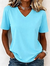  Femmes T-shirt Chemise en coton Couleur Unie Mode Élégant Basique Manche Courte Col en V Hauts Réguliers Occasionnel Quotidien Sortir Bleu Blanche Vert Claire Rose Claire Rouge Été Printemps