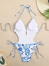 preiswerte Einteiler-Damen Badeanzug Einteiler Bikini Hohe Taillenlinie Bademode Gerafft Patchwork Urlaub Strandbekleidung Blumen Grafik Neckholder Ärmellos Badeanzüge