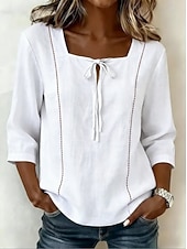 preiswerte Einfache Blusen-Damen Hemd Bluse Einfach Gestreift Stilvoll Klassisch Modern Dreiviertelarm Quadrathals Lange Oberteile Lässig Täglich Strand Weiß Gelb Marineblau Himmelblau Aprikose Sommer Frühling