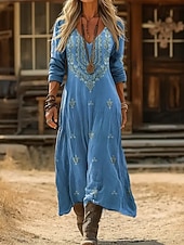  女性用 マキシドレス サンドレス 旅行度假风 カジュアル ボヘミアン 日常 ルーズフィット フラワー 長袖 Ｖネック ブルー ブラック イエロー ルビーレッド 夏 春