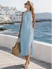 billige Essensielle falske kjoler-Dame Midikjole Imitert bomullslin Blonde kjole Strandkjole Uformell kjole Elegant Mote Moderne Strand Feriereise Helg Normal عادي Ermeløs Grimehals Blå Svart Hvit Gul Sommer Vår