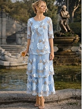 billige Ankellengde-A-linje Kjoler Ankellengde Festkjole Cocktail Kjole Kjole til brudens mor Halvlange ermer Øsehals Elegant Årgang Formell Bryllupsgjest Ferie Chiffon med Blomstertrykk Drapert Broderi