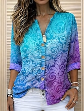 abordables Art &amp; Design Blouses-Femmes Chemise Tunique Hauts d'été Boutons A Ombre Graphique Vacances Quotidien manche longue Col en V Hauts Réguliers Quotidien Fête Sortir Bleu Violet Orange Vert Été Printemps