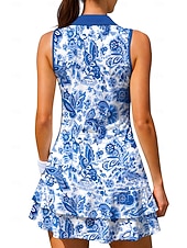 cheap Women's Tennis Dress-Women's Floral Floral Botanical Tennis Dress Sports Dress Sleeveless Floral Breathable Tennis Golf Badminton Polo Collar Zip Collar Shorts Dress Blue and White Tennis Clothing