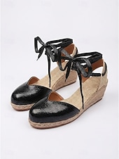 billige Kvinner-damesandaler med snøring og kilehæl – elegante espadriller med lukket tå og ankelomslag for øyferier, middelhavsreiser og sommerferieanlegg