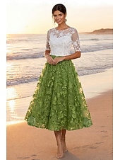 cheap Cocktail Dresses-A-Line Tea Length Lace Dress Cocktail Dresses Elegant Vintage Floral Half Sleeve Crew Neck Garden Party Wedding Pocket Satin Tulle with Embroidered Flower Appliques