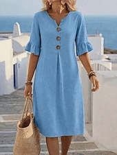 tanie Podstawowe sztuczne sukienki-Damskie Sukienka midi Sztuczna bawełna len Sukienka trapezowa Codzienny Codzienny Luźna Równina Rękaw 3/4 W serek Niebieski Czarny Biały Zielony Lato Wiosna Jesień