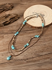 Χαμηλού Κόστους Ανδρικά κοσμήματα-Ανδρικό κολιέ μποέμ με κέλυφος καρύδας και τυρκουάζ, μπλε και καφέ κολιέ με χάντρες σε στρώσεις για διακοπές στην παραλία, ρούχα σε θέρετρα, casual καλοκαιρινά ρούχα και καθημερινή χρήση