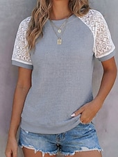 voordelige Effen t-shirt-Dames Wafel T-shirt Raglan-T-shirt Kant Vetergat Elegant Stijlvol Korte mouw Strakke ronde hals Lange tops Casual Vakantiekleding Zwart Wit Grijs Zomer Lente