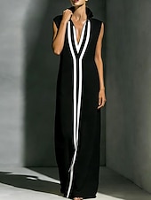 Недорогие Простое платье-Жен. Длинное платье Длинное платье Элегантный стиль Современное на открытом воздухе Отпуск На выход Свободное облегание Контрастных цветов Без рукавов Рубашечный воротник Черный Белый Винный Серый