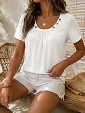 economico T-shirt semplice-Tunic da donna in 100% cotone con bottoni grafica semplice elegante a maniche corte girocollo regolare top quotidiani bianchi rosa khaki grigio estate primavera autunno