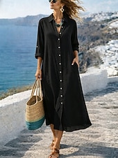 abordables Dresses-Women's Maxi Dress Cotton Linen Dresses Shift Dress Basic Daily Loose Fit Plain Long Sleeve Shirt Collar Black White Light Brown Orange Summer Spring Fall