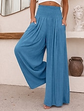 Χαμηλού Κόστους φαρδύ πόδι &amp; ψηλόμεσο-Γυναικεία Πλατύ Πόδι Παντελόνια Διακοπές Απλός Καθημερινό Πλήρες μήκος Ψηλή Μέση Σκέτο Τσέπη Ελαστική μέση High Cut Άνεση Ικανότητα να αναπνέει Moale Μικροελαστικό Καθημερινά Σπίτι Δρόμος