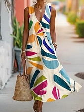 abordables Vestidos a Rayas y Geométricos-Mujer Vestido maxi Vestido de verano Vestido informal Vestido de una línea Elegante Vacaciones Playa Festivos Ajuste regular Graphic Geométrico Sin Mangas Escote en Pico Amarillo Marrón Beige Verano
