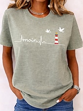 tanie koszulka w kwiaty-Damskie Podkoszulek Nadruk Kwiaty Graficzny Moda Elegancki Klasyczny Krótki rękaw Półgolf Okrągły dekolt Zwykłe topy Codzienny Weekend Niebieski Jasny beż Czarny Jasnozielony Zielony Lato Wiosna