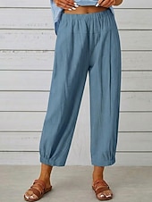cheap Bottoms-Women's Cotton Linen Pants Trousers Casual Pants Summer Pants Vacation Fashion Streetwear Ankle-Length High Waist Plain Pocket Elastic Waist Comfort Comfortable Inelastic Daily Vacation Street Black