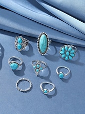 olcso Női Gyűrűk-Női bohém ötvözetből és türkizből készült gyűrűszett, 8 darabos, egymásra rakható vintage ujjpercgyűrűk tengerparti nyaraláshoz, hétköznapi nyári öltözékekhez és mindennapi bohém viselethez