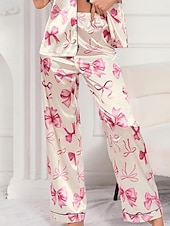 cheap Women's Sleep Tops &amp; Bottoms-Women's Loungewear Pajama Set Fashion Simple Casual Graphic Satin Silky Pajamas Pyjamas Elastic Waist Buttons Pant Home Vacation Short Sleeve Shirt Collar Pink Summer Spring Fall Regular Fit