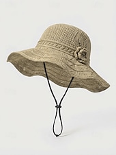 billiga Kvinnors hattar-Dam bohemisk sommarhatt, andningsbar polyester, 3D-blomdekoration, flerfärgad, solhatt med brett brätte för strandsemester, vardagskläder