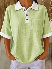  Mulheres Camisa Waffle Tops de verão Bolsos Botões Côr Sólida Bloco de cor Vintage à moda Sem Manga Colarinho polo Tops longos Casual Diário Ao ar livre Azul Amarelo Rosa Vermelho Verde Verão