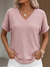 tanie gładka koszulka-Damskie Podkoszulek Swetry w wafelkowatej dzianinie Sukienka prosta Zabytkowe Elegancki Klasyczny Krótki rękaw W serek Zwykłe topy Codzienny Czarny Biały Rumiany róż Zielony Morelowy Lato Wiosna
