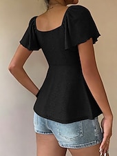 abordables T-shirt uni-Femmes Chemisier Cordon de serrage Œillet Couleur Unie Élégant Sexy Occasionnel Manche Courte Col carré Hauts Réguliers Quotidien Noir Blanche Jaune Rose Claire Bleu Ciel Été Printemps