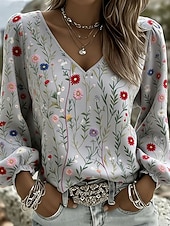 baratos Blusas Florais-Mulheres Camisa Social Imprimir Floral Gráfico Boêmia Férias Vintage Manga Longa Manga lanterna Decote V Tops regulares Casual Diário Feriado Azul Branco Amarelo Cinzento Verão Primavera